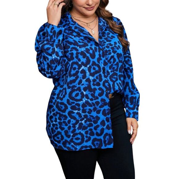 2/$30 SHEIN Clasi Leopard Print Button Front Shirt Blue 6 #A0291 TRB2 - Picture 4 of 11